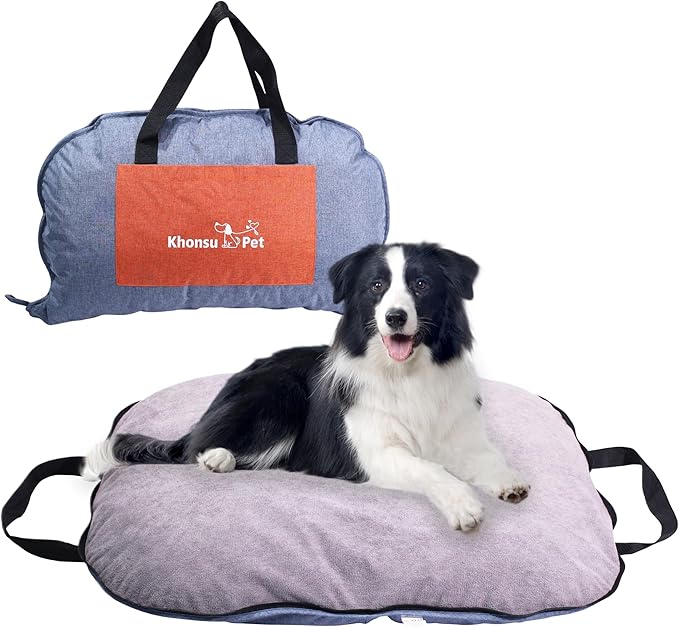 Portable Waterproof Dog Mat for Camping, Patio &amp; Travel - Foldable Outdoor Dog Bed with Teflon Shell &amp; Removable Plush Pad - Easy Clean, Durable - L (Denime Blue)