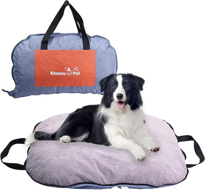 Portable Waterproof Dog Mat for Camping, Patio &amp; Travel - Foldable Outdoor Dog Bed with Teflon Shell &amp; Removable Plush Pad - Easy Clean, Durable - L (Denime Blue)