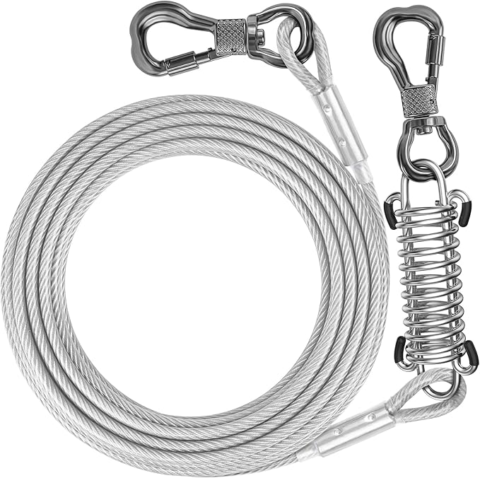 Tresbro 20 FT Dog Tie Out Cable with Spring, Shock Absorbing Tether Chains for Outside Aavilable in 10/15/20/25/30/40/50/70/100/120 FT, Heavy Duty Leads for Yard for Medium &amp; Large Dogs Up to 500 LBS