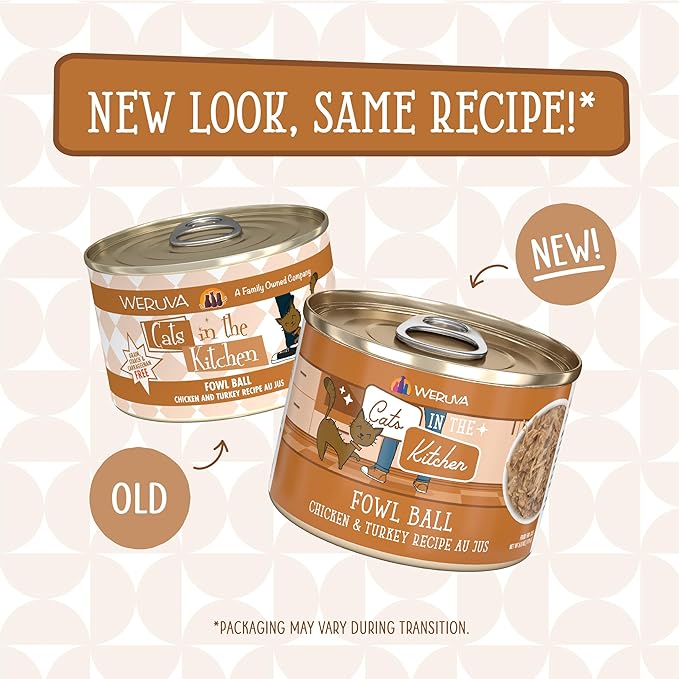 Weruva Cats in The Kitchen, Fowl Ball with Chicken &amp; Turkey Au Jus Cat Food, 6oz Can (Pack of 24)