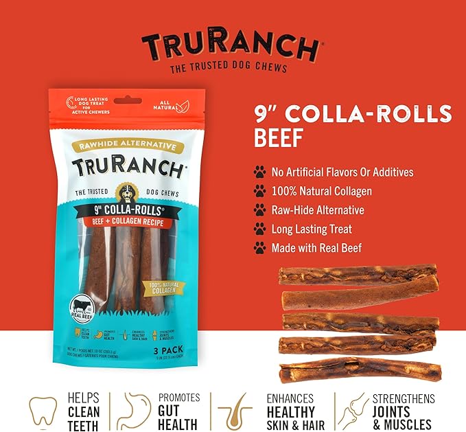 Collagen Rolls - 9" Collagen Rolls for Dogs - Long Lasting Healthy Joint Support - Rawhide Alternative - Skin &amp; Coat Health - Made with Real Beef, Value Pack, 3 Bags, 9 Count