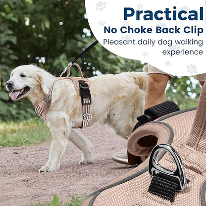 Funfox Dog Harness No Pull, Adjustable Pet Vest Harness, Super Soft Material with Vertical Handle Easy Control, Reflective Night Walking, 2 Leash Clips for Large Dogs, Brown, L