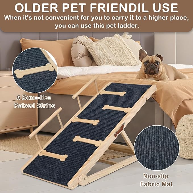 Dog Ramp for Bed, Non-Slip Pet Ramp with 5 Adjustable Heights, Portable Foldable Wooden 40" Long Pet Stairs for Small &amp; Large Old Dogs &amp; Cats - Lightweight &amp; Easy Storage