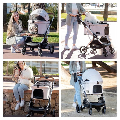 T5 Luxury Pet Stroller for Medium Dog Under 60lbs or 2 Small Dogs &amp; Cats with 180 ̊Canopy, Sun Shades, Auto-Folding Stroller for Multiple Pets（Beige）