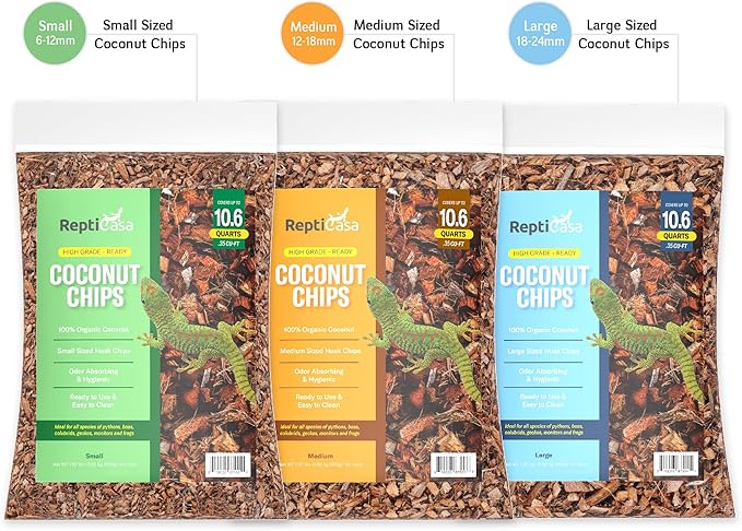 Organic Coconut Chips Substrate Clean &amp; Ready to Use for Reptiles, Snake, Tortoise, and Amphibian, Natural Fiber Free Husks, Clean Breeding and Bedding Flooring, Odor Absorbing - 10.6 Quarts