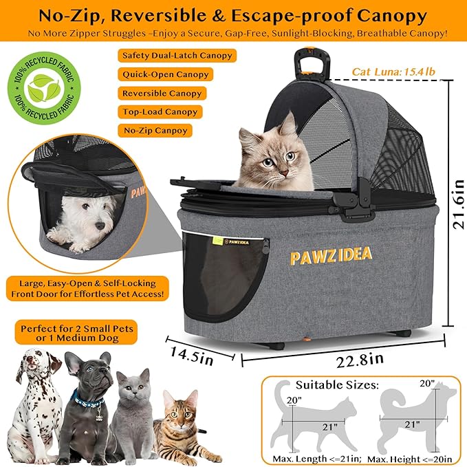 PAWZIDEA Pet Stroller 4 in 1, Dog Strollers for Small/Medium Dogs with Detachable Carrier Easy Lock Canopy, Seatbelt Puppy Car Seat, Cozy House, Foldable &amp; Lightweight Jogger Cat Stroller, 4 Wheels
