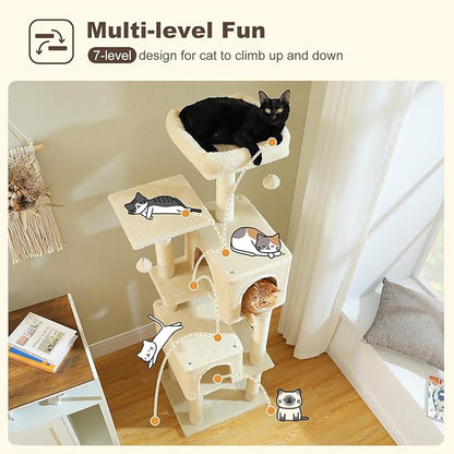 Cat Tree for Indoor Cats, Multi-Level Cat Tower with Sisal Scratching Posts, Padded Platform, Multi-Level Cat Condo w/Soft Bed &amp; Scratching Pad, 2 Pompoms, Sturdy Base, Beige