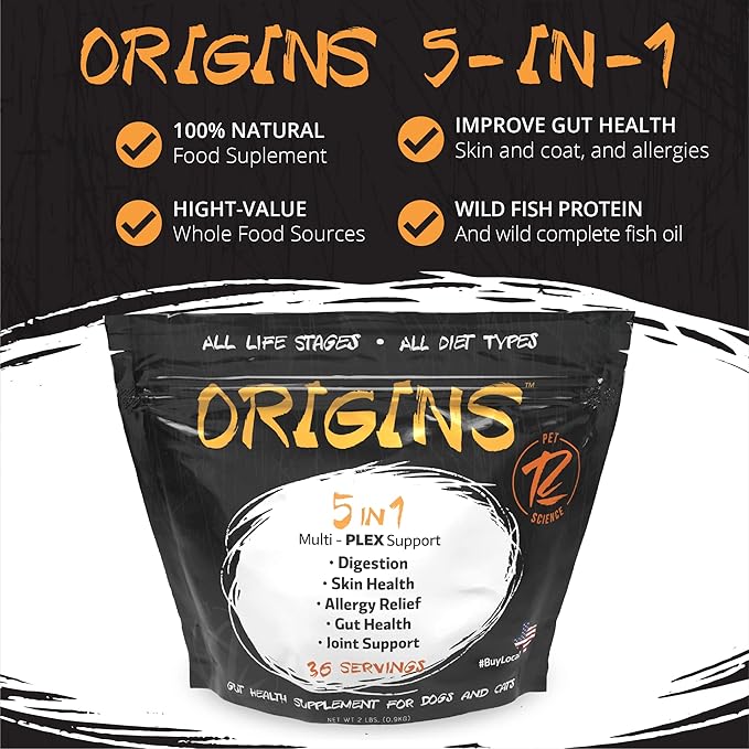 Origins 5-in-1 Dog Supplement - Powdered Food Topper w/Natural Omega 3 Fish Oil - Supports Healthy Digestion, Skin, and Coat - Helps Reduce Itching &amp; Joint Inflammation (2 lbs)
