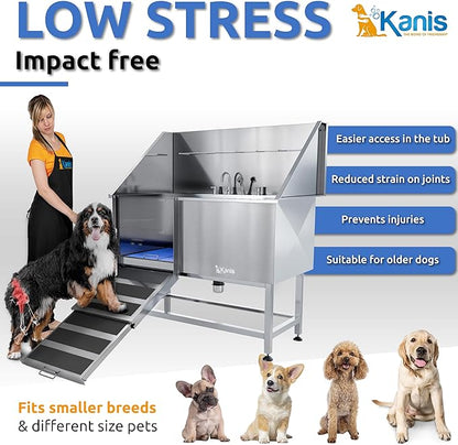 KANIS Professional Dog Washing Station - 304 Stainless Steel Pet Wash Sink &amp; Grooming Bath Tub for Home with Ramp, Shower, Floor Grate, Storage Shelf, Faucet, Drain Kit for Large, Medium &amp; Small Pets