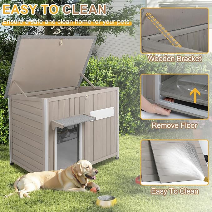 Weatherproof Outdoor Dog House, Wooden Puppy Shelter with Anti-Chewing Iron Frame and Elevated Floor, Sturdy Dog Kennel for Small, Medium &amp; Large Dogs, Grey (Gray, 40" L x 26" W x 31" H)
