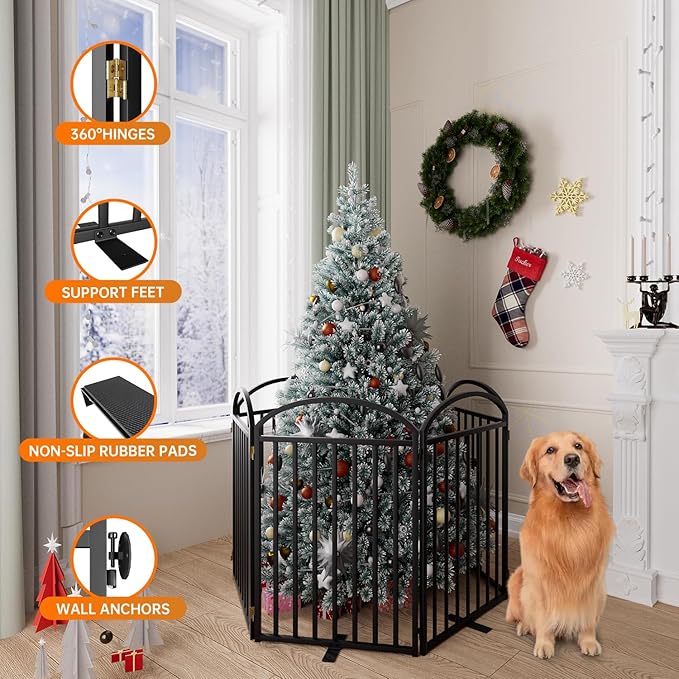 6 Panles Full Matel Freestanding Dog Gates with Door, 144"Extra Wide 32"Tall Free Standing Dog Pet Gate for Indoor &amp; Outdoor. Foldable Pet Fences for Doorways, House, Stairs, Porch, Deck, Yard