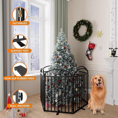 6 Panles Full Matel Freestanding Dog Gates with Door, 144"Extra Wide 32"Tall Free Standing Dog Pet Gate for Indoor &amp; Outdoor. Foldable Pet Fences for Doorways, House, Stairs, Porch, Deck, Yard