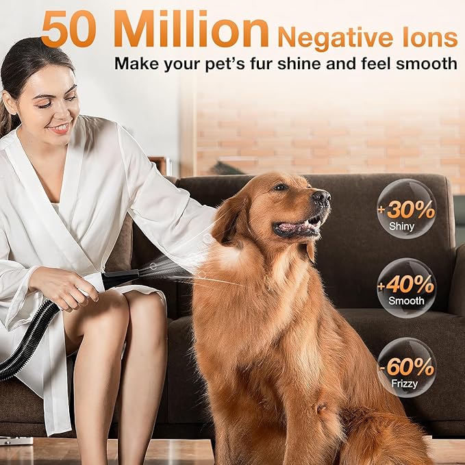 Dog Blow Dryer - Ultra-Quiet 40dB Cat Mode, 3-in-1 Nozzles &amp; Adjustable Speed/Temp, Negative Ion Technology, BLDC Motor for Fast Drying, Portable &amp; All-in-One Storage for Dogs &amp; Cats