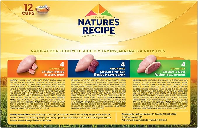 Nature’s Recipe Grain Free Chicken Recipe, Chicken &amp; Venison Recipe and Chicken &amp; Duck Recipe in Savory Broth Variety Pack Wet Dog Food, 12-2.75 oz. Cups, 2 Count