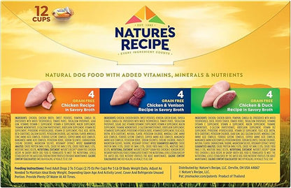 Nature’s Recipe Grain Free Chicken Recipe, Chicken &amp; Venison Recipe and Chicken &amp; Duck Recipe in Savory Broth Variety Pack Wet Dog Food, 12-2.75 oz. Cups, 2 Count