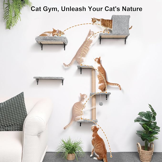 FUKUMARU Cat Wall Shelves, Stable &amp; Safe 4 in 1 Cat Furniture Set, Wooden Climbing Wall with Scratching Post for 16 Inch Drywall - Light Gray