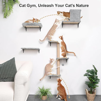 FUKUMARU Cat Wall Shelves, Stable &amp; Safe 4 in 1 Cat Furniture Set, Wooden Climbing Wall with Scratching Post for 16 Inch Drywall - Light Gray