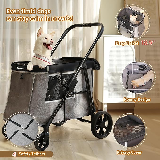 Medium Dog Stroller for Small to Large Dogs 4 Wheels Multi Pet Stroller for 4 Dogs Holds Up to 66lbs, One-Click Folding&amp;Smooth Tires&amp;Sunshade &amp; Storage Basket (Gray, Medium)