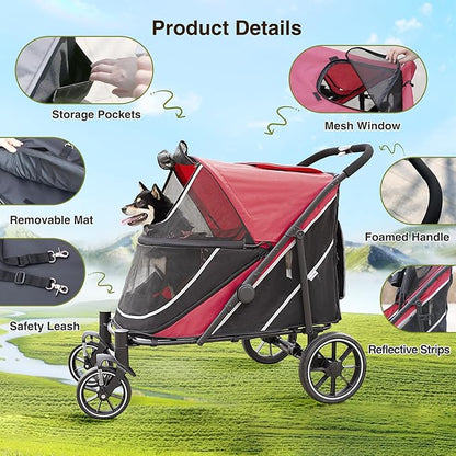 Dog Stroller for Medium/Large Dogs One-Click Folding, Extra Large Pet Stroller for 2 Dogs with Storage Pocket &amp; Shock Absorption, Up to 130 lbs, Red