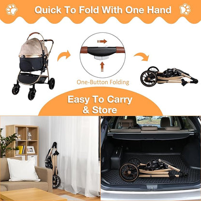 Dog Stroller for Small Medium Dogs, 3 in 1 Folding Pet Stroller Up to 33 lbs, 4 Wheels Pet Strolling Cart with Zipperless Entry, Cat Dog Travel Carrier with Cup Holder &amp; Storage Basket