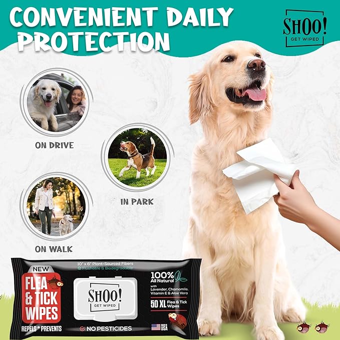 Shoo! Flea &amp; Tick Wipes for Dogs | Convenient, Easy On-The-Go Protection | Plant Based, Natural Oils, Chemical Free | Repels &amp; Prevents | 50 XL Wipes (2 Pack) | Original -Lavender