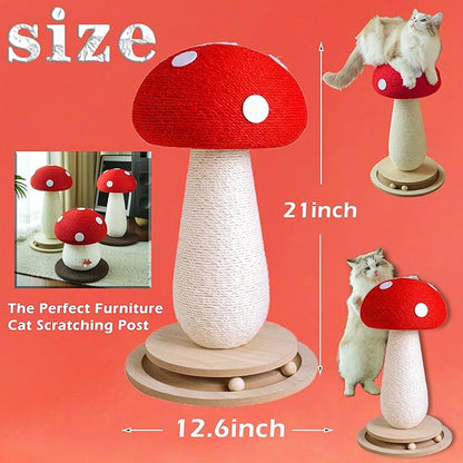 Cat Scratching Post Mushroom Cat Tree with Natural Sisal, Weighted Base &amp; Interactive Ball - for Kittens to Adult Cats - Perfect for Indoor Cats (Red, Large 21 in, 7)