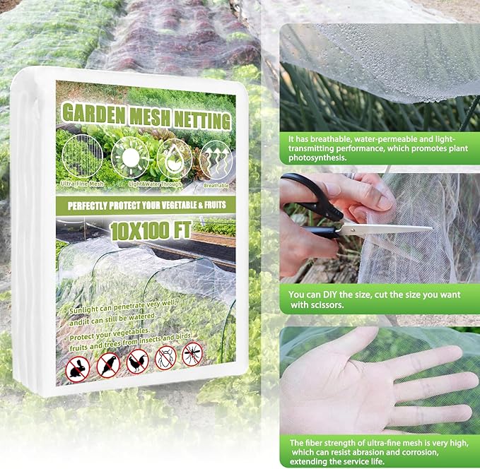 Garden Netting Mesh, 10X100 FT Garden Netting with 16 Cilps &amp; Ultra Fine Mesh Net Bird Barrier Protection for Garden Vegetables Flowers Shrubs Fruit Trees Indoors &amp; Outdoors Plant Beds Greenhouse