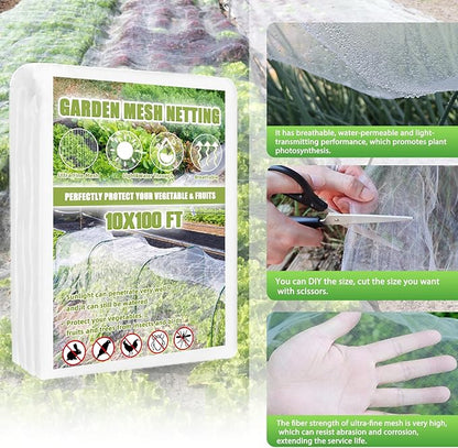 Garden Netting Mesh, 10X100 FT Garden Netting with 16 Cilps &amp; Ultra Fine Mesh Net Bird Barrier Protection for Garden Vegetables Flowers Shrubs Fruit Trees Indoors &amp; Outdoors Plant Beds Greenhouse