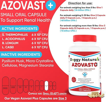 Azovast Plus Kidney Health Supplement for Dogs &amp; Cats, 240ct - NO Refrigeration Required - Help Support Kidney Function &amp; Manage Renal Toxins - Renal Care Supplement Capsule(U.S.A) (240 Caps)