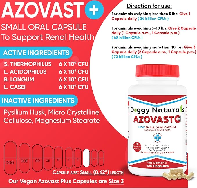 Azovast Plus Kidney Health Supplement for Dogs &amp; Cats, 360ct - NO Refrigeration Required - Help Support Kidney Function &amp; Manage Renal Toxins - Renal Care Supplement Capsule(U.S.A)(360 Caps)