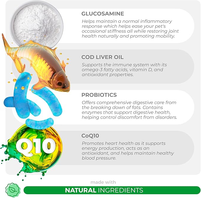 10 in 1 Multivitamin for Dogs - Glucosamine Chondroitin for Joint Support + Digestive Enzymes &amp; Probiotics - Cod Liver Oil &amp; Vitamins with Coq10 for Skin &amp; Heart Health, Gut &amp; Immune Support