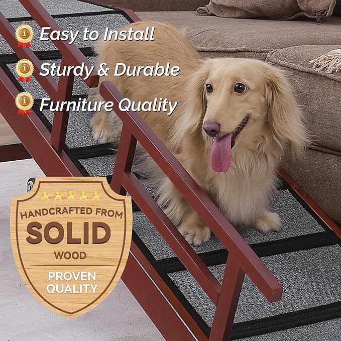 Dog Ramp for Bed or Couch, Wooden Pet Ramp with 20° Gentle Slope, Removable Side Rails, Non-Slip Surface, Top Platform &amp; Wheels, Safe Bed Ramp for Small, Medium &amp; Senior Dogs, 60" Long, Mahogany