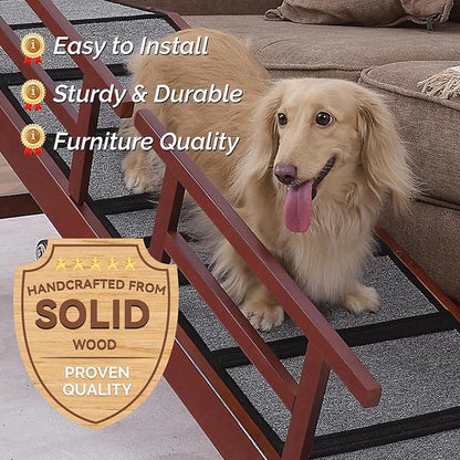 Dog Ramp for Bed or Couch, Wooden Pet Ramp with 20° Gentle Slope, Removable Side Rails, Non-Slip Surface, Top Platform &amp; Wheels, Safe Bed Ramp for Small, Medium &amp; Senior Dogs, 60" Long, Mahogany