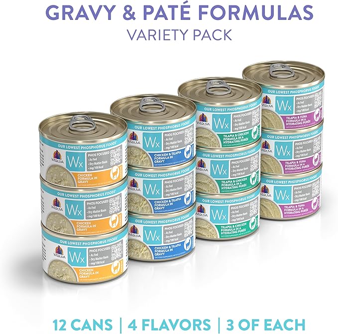 Weruva Wx Phos Focused, Pate &amp; Gravy Formulas Variety Pack, 3oz Can (Pack of 12)
