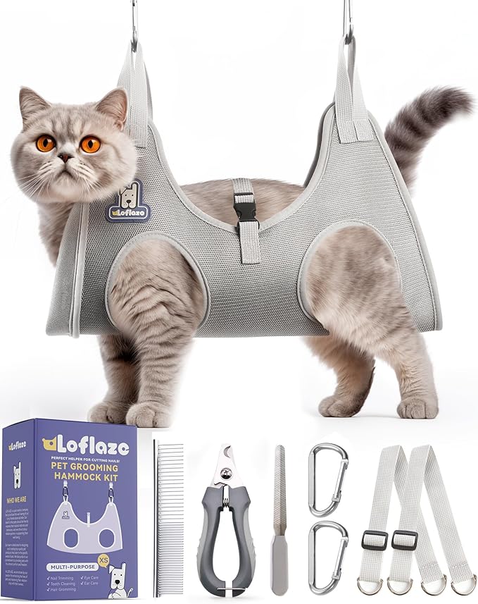 Dog Grooming Hammock Harness for Dogs &amp; Cats with Pet Nail Clipper Trimmer - Cat Hanger Sling for Trimming Clipping Nails- Dog Hammock Restraint Bag for Small Medium Large pet （ Grey XS）