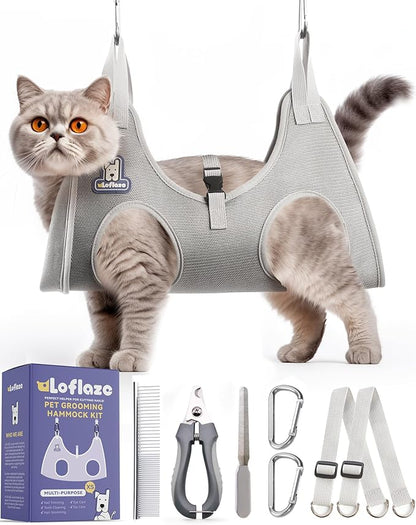 Dog Grooming Hammock Harness for Dogs &amp; Cats with Pet Nail Clipper Trimmer - Cat Hanger Sling for Trimming Clipping Nails- Dog Hammock Restraint Bag for Small Medium Large pet （ Grey XS）