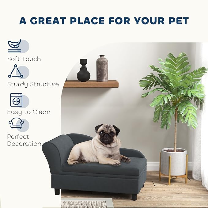 PawHut Luxury Fancy Dog Couch with Hidden Storage, Small Dog Sofa Bed with 2" Soft Foam, Modern Pet Furniture for Puppies &amp; Little Breeds, Dark Gray