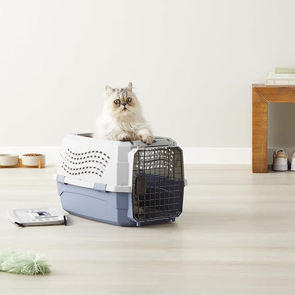 Amazon Basics 2-Door Top-Load Hard-Sided Dogs, Cats Pet Travel Carrier, Gray &amp; Blue, 22.8"L x 15.0"W x 13.0"H