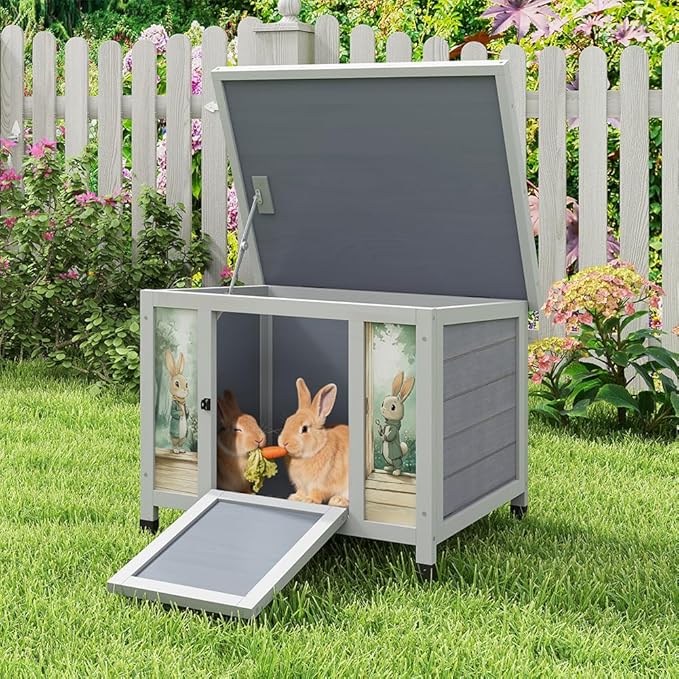 COZIWOW 24in Wooden Cat House Outdoor &amp; Indoor Pet Shelter with Foldable Ramp - Weatherproof Rabbit Hutch with Unique Machine-Printed Art Designs for Cat, Rabbit, Guinea Pig (Grey)