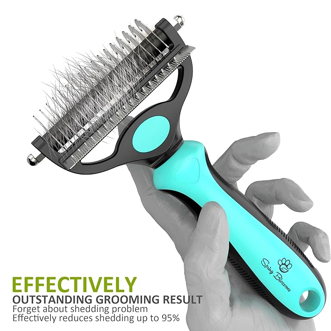 Spring Blossoms-2 in 1 Professional Grooming Rake for Cats &amp; Dogs-Dematting Comb for Easy Mats &amp; Tangles Removing,Pet Brush Safe No More Nasty Shedding and Flying Hair (Cyan)