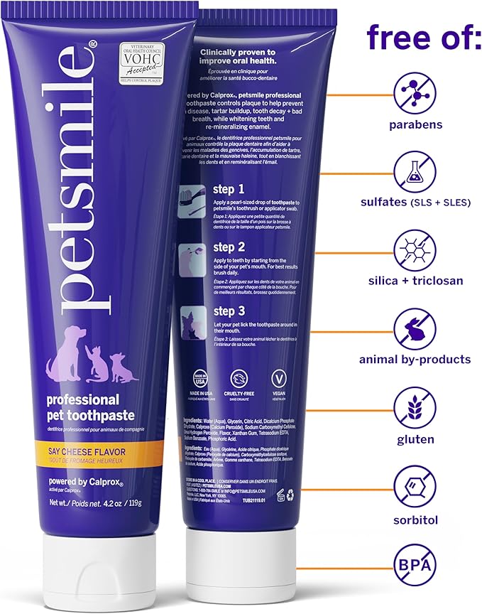 Petsmile Professional Pet Teeth Brushing Kit for Cats &amp; Dogs - Only VOHC Accepted Toothpaste &amp; Patented Toothbrush - Proven to Control Plaque &amp; Tartar Calprox Formula (Say Cheese, 4.2 Oz)