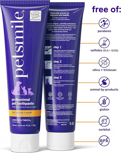 Petsmile Professional Pet Teeth Brushing Kit for Cats &amp; Dogs - Only VOHC Accepted Toothpaste &amp; Patented Toothbrush - Proven to Control Plaque &amp; Tartar Calprox Formula (Say Cheese, 4.2 Oz)