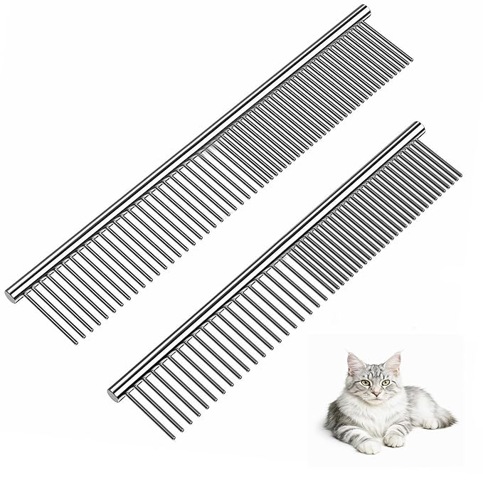 Dog Comb and Cat Combs Stainless Steel Teeth, Grooming Tool for Long &amp; Short Hair, Dematting Comb for Dogs, Removes Tangles &amp; Knots (Small and Large Silver)