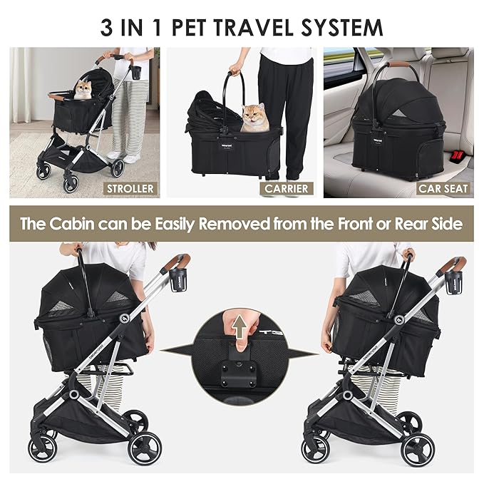 T3 Pro 3-in-1 Small Pet Stroller for Dog &amp; Cats, 4 Wheels with Detachable Carrier with Pad, Canopy and Cup Holder (Black)