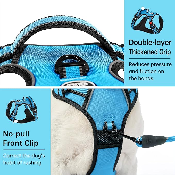 IVY&amp;LANE No Pull Dog Harness for Large Dogs, Dog Vest Harness with Leash, Safety Belt and Storage Strap, Fully Adjustable Harness, 360° Reflective Strip, Soft Handle (Blue, L)