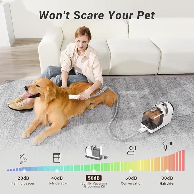 Bunfly Dog Grooming Kit,13000Pa Strong Grooming &amp; Vacuum Suction 99.99% Pet Hair, 16 Pet Grooming Tools for Dogs Cats, 3L Large Capacity Dust Cup, Quiet Pet Vacuum Groomer (Silver &amp; White)