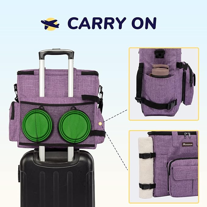 Modoker Dog Travel Organizer Carriers for Supplies &amp; Accessories, Airline Approved Cat Pet Travel Bag, 2 Collapsible Bowls, 2 Travel Dog Food Container, Purple