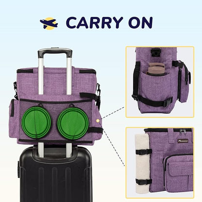 Modoker Dog Travel Organizer Carriers for Supplies &amp; Accessories, Airline Approved Cat Pet Travel Bag, 2 Collapsible Bowls, 2 Travel Dog Food Container, Purple