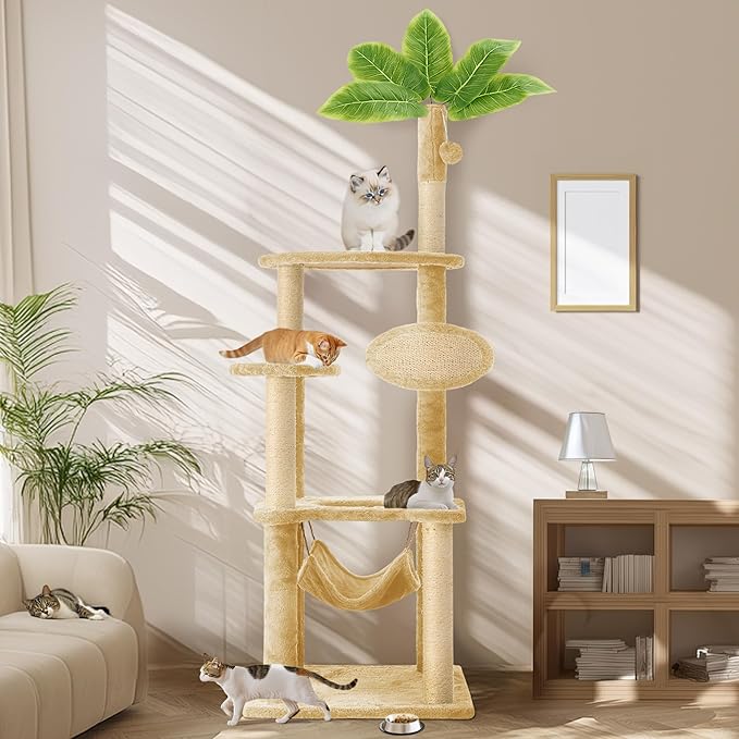 55 Inch Large Cat Tree Tower for Indoor Cats with Hammock Green Leaves Sisal Scratching Post, Plush Hang Ball Play Furniture for Kittens &amp; Adult Cats, New Beige