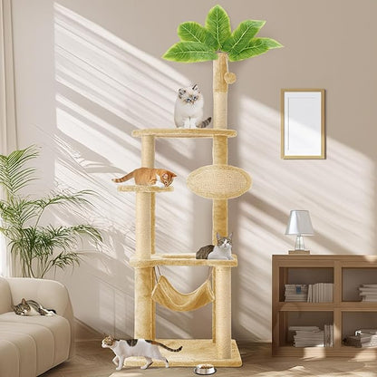 55 Inch Large Cat Tree Tower for Indoor Cats with Hammock Green Leaves Sisal Scratching Post, Plush Hang Ball Play Furniture for Kittens &amp; Adult Cats, New Beige